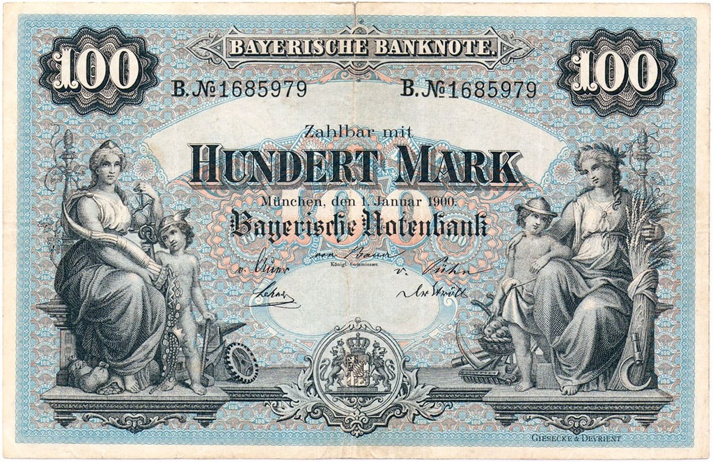 Аверс банкноты номиналом 100 марок, выпущенной в Баварии в 1900 году.